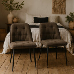 Wyld Haus Buttonfern Set Of 2 Taupe Bouclé Diamond-Tufted Dining Chairs With Black Steel Legs