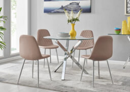 Furniturebox Uk Selina Chrome Round Square Leg Glass Dining Table And 4 Cappuccino Beige Corona Silver Chairs Set - thumbnail 1