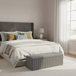 90Cm Wide Lux Ottoman Storage Box, Grey Velvet Upholstered Full Striped Storage Ottoman Box - thumbnail 2