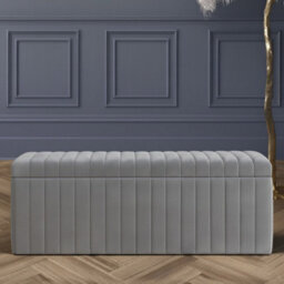 90Cm Wide Lux Ottoman Storage Box, Grey Velvet Upholstered Full Striped Storage Ottoman Box - thumbnail 1