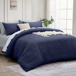 Bedlooms Navy Stripe Duvet Cover Complete Bedding Set, Breathable & Anti-Allergic Microfiber, Double 200X200Cm - thumbnail 1