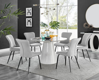 Furniturebox Uk Palma White Marble Effect Round Dining Table & 6 Light Grey Nora Black Leg Chairs - image 1