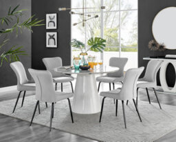 Furniturebox Uk Palma White Marble Effect Round Dining Table & 6 Light Grey Nora Black Leg Chairs - thumbnail 1