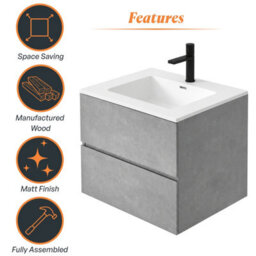 Plum&clay Nebula Concrete Wall Hung Vanity Unit With White Basin (W)600mm - thumbnail 7