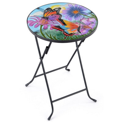 Folding Glass Table Garden Outdoor Patio Decoration Painted Round Top Christow Butterfly - image 1