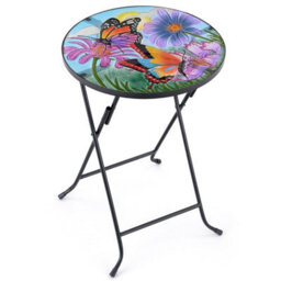 Folding Glass Table Garden Outdoor Patio Decoration Painted Round Top Christow Butterfly - thumbnail 1