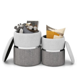 Gainoom Set Of 2 Grey Linen Fabric Storage Ottoman Upholstered Modern Round Footstool 21L+32L - thumbnail 1