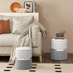 Gainoom Set Of 2 Grey Linen Fabric Storage Ottoman Upholstered Modern Round Footstool 21L+32L - thumbnail 4