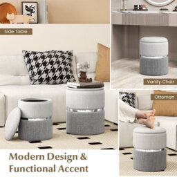 Gainoom Set Of 2 Grey Linen Fabric Storage Ottoman Upholstered Modern Round Footstool 21L+32L - thumbnail 7