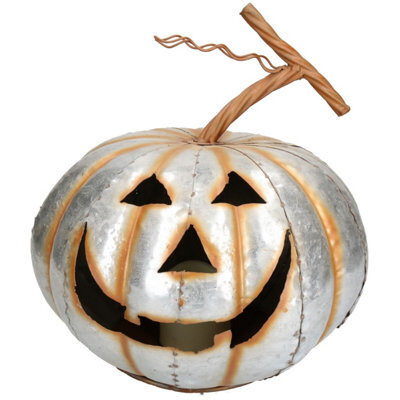 AB Tools Silver Pumpkin Jack O Lantern Halloween Light Up Candle Metal Decoration Garden - image 1