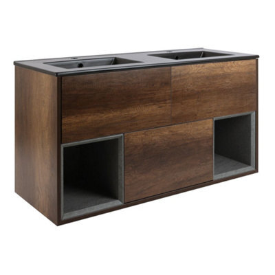 Homestylestore Dark Oak 1212mm Wall Hung Bathroom Vanity Unit Led Lit Open Shelf And Graphite Basin - image 1
