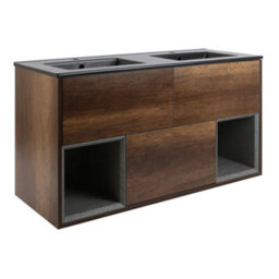 Homestylestore Dark Oak 1212mm Wall Hung Bathroom Vanity Unit Led Lit Open Shelf And Graphite Basin - thumbnail 1
