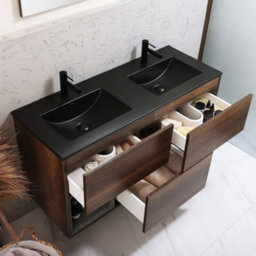 Homestylestore Dark Oak 1212mm Wall Hung Bathroom Vanity Unit Led Lit Open Shelf And Graphite Basin - thumbnail 2
