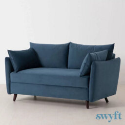 Swyft Model 08 Blue Velvet Double Sofa Bed With Fibre Cushions, Solid Beech Legs, Removable Cushions, Converts To Double Bed - thumbnail 1
