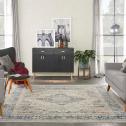 Ivory Blue Shaggy Luxurious Traditional Persian Easy To Clean Bordered Geometric Rug For Dining Room -160Cm X 230Cm - thumbnail 2