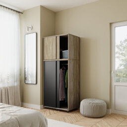 Urbn-Living Urbnliving 180Cm Height Oak Carcass With 4 Sliding Black Doors Wardrobe Bedroom Storage Closet Hanging Rail Cupboard Unit - thumbnail 2