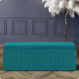90Cm Wide Lux Ottoman Storage Box, Teal Velvet Upholstered Full Striped Storage Ottoman Box