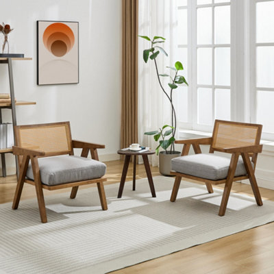 1 Pc Rattan Armchairs Linen Fabric Accent Chairs With Padded Seat (W)68Cm (D)69Cm (H)75Cm - Grey/brown - image 1