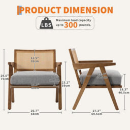 1 Pc Rattan Armchairs Linen Fabric Accent Chairs With Padded Seat (W)68Cm (D)69Cm (H)75Cm - Grey/brown - thumbnail 2