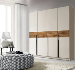 Arte Cashmere 4-Door Wardrobe With Oak Wotan Accent 200Cm - Designer Storage With Black Handles - thumbnail 1
