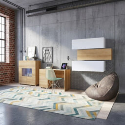 Calabrini 11 Practical Home Office Set With Desk Storage Cabinet And Shelves Golden Oak/white With Led - thumbnail 2