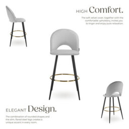 Tectake Bar Stool Rachel With Backrest And Velvet Look Cover, 49 X 58 X 110 Cm - Light Grey/black, Set Of 2 - thumbnail 3