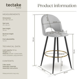 Tectake Bar Stool Rachel With Backrest And Velvet Look Cover, 49 X 58 X 110 Cm - Light Grey/black, Set Of 2 - thumbnail 6