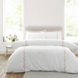 Bianca Camille Embroidered Floral 200 Thread Count Cotton Single Duvet Cover Set With Pillowcase White / Pink
