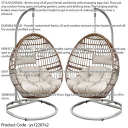 Loops 2 Pack Premium Single Hanging Garden Egg Chair - Wicker Rattan - Swing Cocoon - thumbnail 2