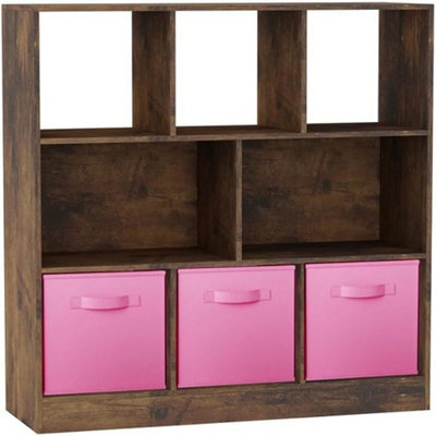 Urbn-Living Urbnliving Asymmetrical 8-Cube Rustic Brown Bookcase Storage Unit With 3 Fabric Drawer Inserts - Light Pink - image 1