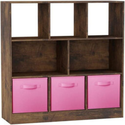 Urbn-Living Urbnliving Asymmetrical 8-Cube Rustic Brown Bookcase Storage Unit With 3 Fabric Drawer Inserts - Light Pink - thumbnail 1