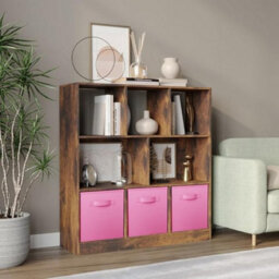 Urbn-Living Urbnliving Asymmetrical 8-Cube Rustic Brown Bookcase Storage Unit With 3 Fabric Drawer Inserts - Light Pink - thumbnail 4