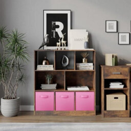 Urbn-Living Urbnliving Asymmetrical 8-Cube Rustic Brown Bookcase Storage Unit With 3 Fabric Drawer Inserts - Light Pink - thumbnail 2