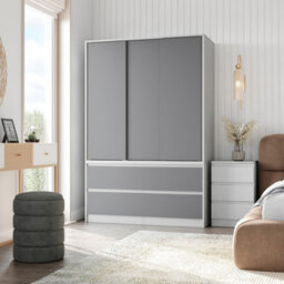 Urbn-Living Urbnliving 180Cm Height White Carcass 3 Sliding Grey Door With 4 Grey Drawer Wardrobe Clothes Storage Hanging Rail Bedroom - thumbnail 2