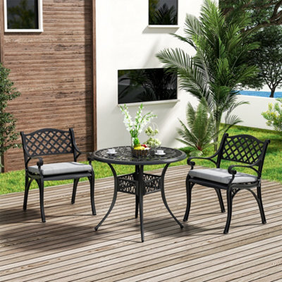 Living And Home Set Of 3 Black Retro Cast Aluminum Garden Bistro Furniture Set Round Table And Chair Set With Cushions