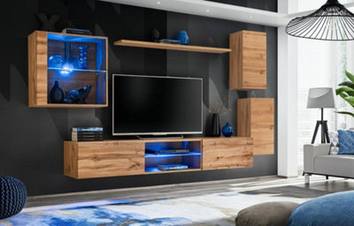 Arte Switch Xxiii Oak Wotan Wall Entertainment Unit For Tvs Up To 75 Inch - Warm Modern Style With Blue Led Display