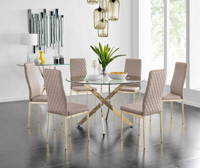 Furniturebox Uk Novara 120Cm Gold Round Dining Table And 6 Cappuccino Gold Leg Milan Chairs - image 1
