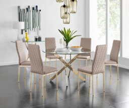 Furniturebox Uk Novara 120Cm Gold Round Dining Table And 6 Cappuccino Gold Leg Milan Chairs - thumbnail 1