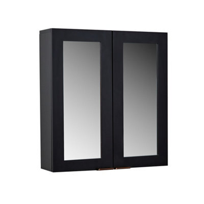 Homestylestore 600 X 650mm Black Grey Wall Mounted Mirrored Door Bathroom Cabinet And Brushed Copper Finger Pull Handles - image 1