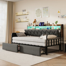 Matteo 3Ft Single Daybed With Pull-Out Trundle & Storage, Led, Usb Charging & Walnut Finish - Grey Linen Sofa Bed - thumbnail 5