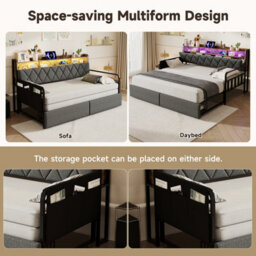 Matteo 3Ft Single Daybed With Pull-Out Trundle & Storage, Led, Usb Charging & Walnut Finish - Grey Linen Sofa Bed - thumbnail 8