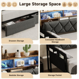 Matteo 3Ft Single Daybed With Pull-Out Trundle & Storage, Led, Usb Charging & Walnut Finish - Grey Linen Sofa Bed - thumbnail 9