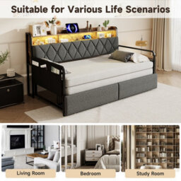 Matteo 3Ft Single Daybed With Pull-Out Trundle & Storage, Led, Usb Charging & Walnut Finish - Grey Linen Sofa Bed - thumbnail 7