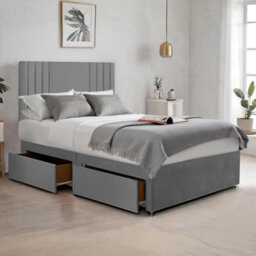 Grey Plush Sawana 4Ft6 Double Bed With 20 Inch Headboard With Mattress And 2Drawers - thumbnail 1