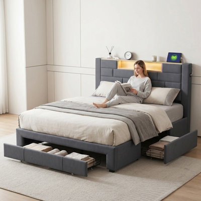 Bed 150 X 200 Cm With Led Headboard/3 Drawers/usb Port, King Size Bed Frame, Slatted Base, Functional Bed With Storage,velvet Grey - image 1
