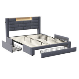 Bed 150 X 200 Cm With Led Headboard/3 Drawers/usb Port, King Size Bed Frame, Slatted Base, Functional Bed With Storage,velvet Grey - thumbnail 7
