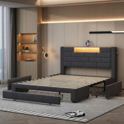 Bed 150 X 200 Cm With Led Headboard/3 Drawers/usb Port, King Size Bed Frame, Slatted Base, Functional Bed With Storage,velvet Grey - thumbnail 4