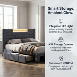 Bed 150 X 200 Cm With Led Headboard/3 Drawers/usb Port, King Size Bed Frame, Slatted Base, Functional Bed With Storage,velvet Grey - thumbnail 6