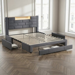 Bed 150 X 200 Cm With Led Headboard/3 Drawers/usb Port, King Size Bed Frame, Slatted Base, Functional Bed With Storage,velvet Grey - thumbnail 3