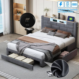 Bed 150 X 200 Cm With Led Headboard/3 Drawers/usb Port, King Size Bed Frame, Slatted Base, Functional Bed With Storage,velvet Grey - thumbnail 5